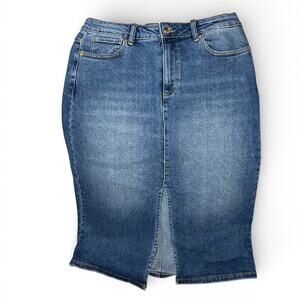 NWT  Michael Kors Women's Size 8 Blue Denim Midi Skirt Pencil Front Slit Stretch